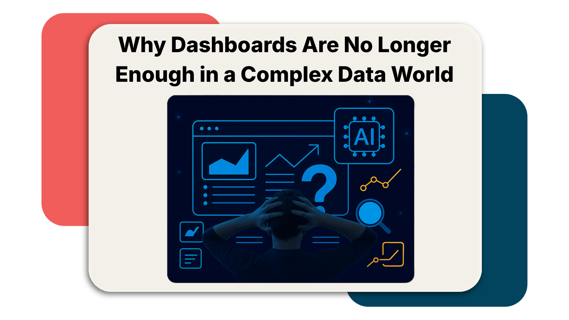 Person facing multiple data dashboards with charts and AI elements, representing complexity and data overload.