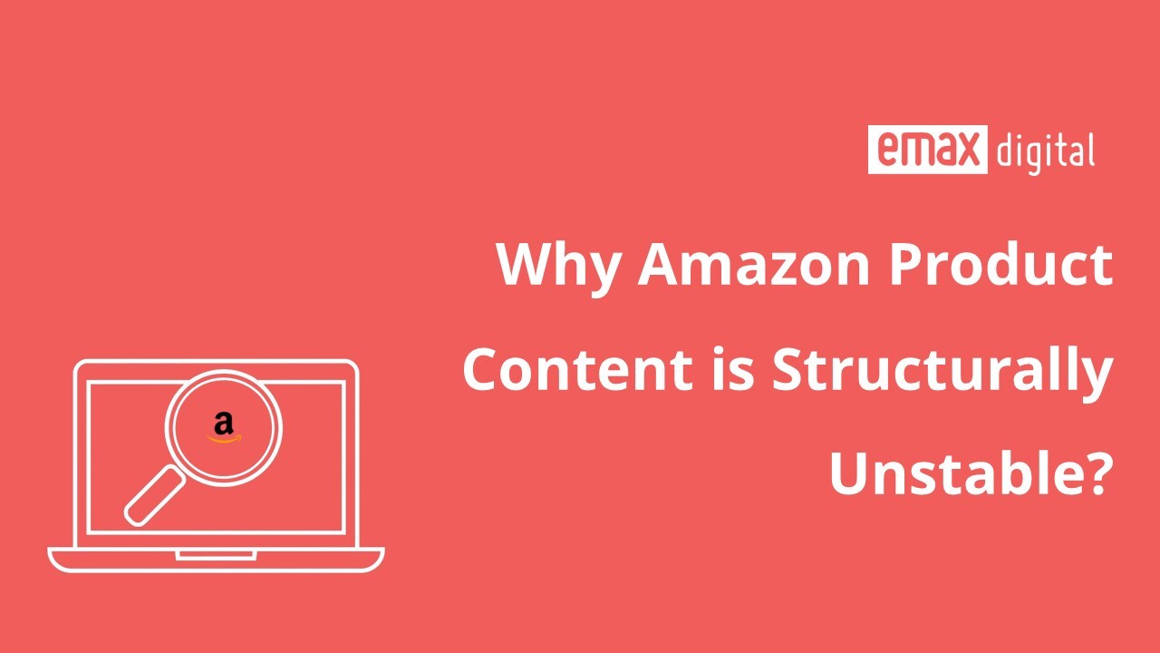 Laptop with magnifying glass analyzing Amazon logo, symbolizing unstable product content and the need for monitoring